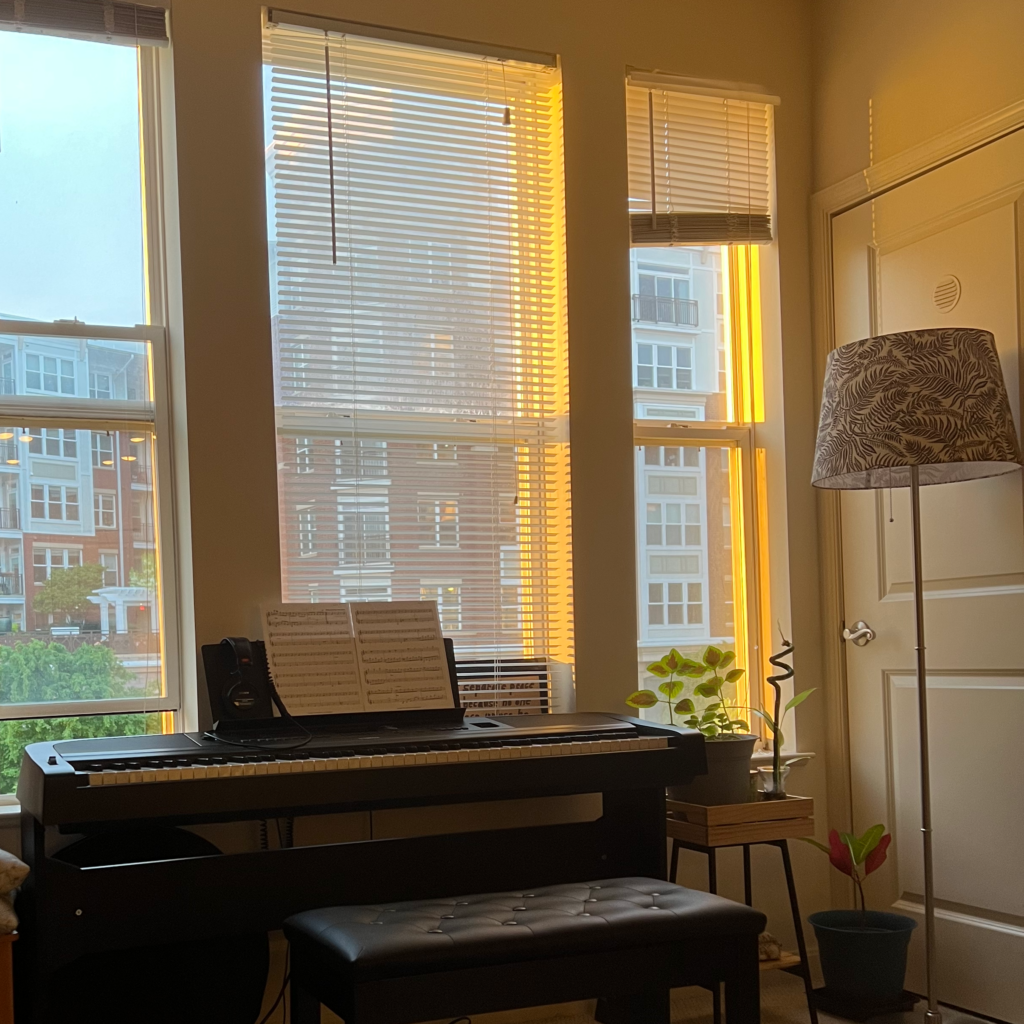 Audrey's digital piano sits in front of the the windows in her apartment. The late summer light bounces against the frames of her window. Through the blinds, the green leaves of trees peak out. Next to the piano, a few small plants stretch toward the sun.