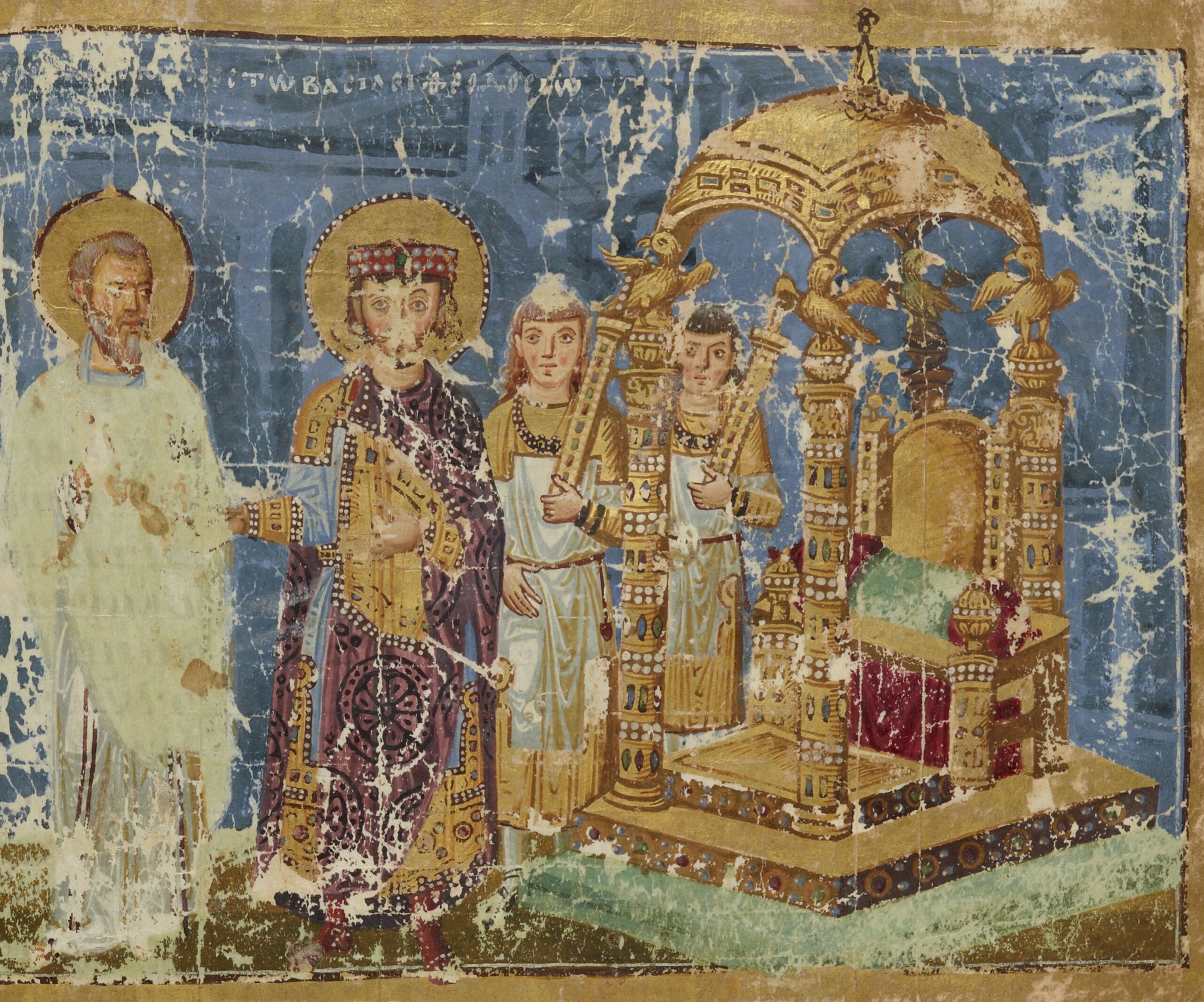 The saint and bishop of Constantinople, Gregory of Nazianzus, addresses the emperor and saint Theodosius the Great, who stands beside his jewelled throne enclosed in a ciborium, attended by palace guards. Both worthies' heads are nimbate.