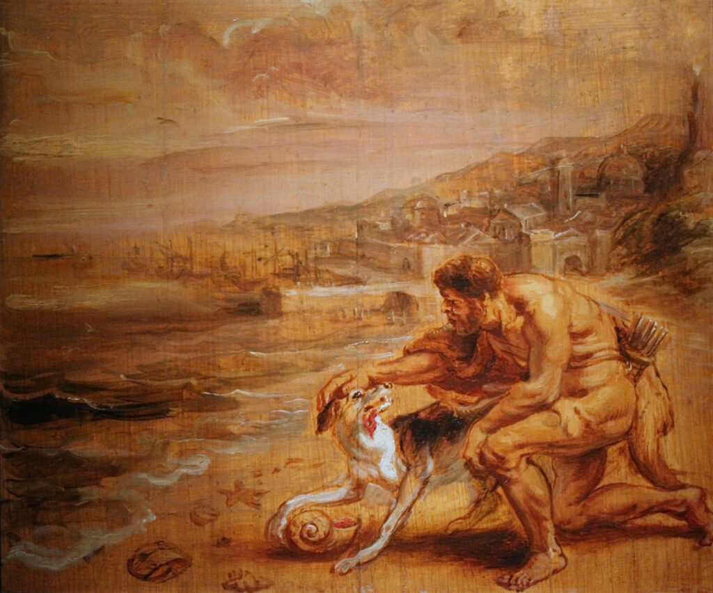 Painting of Hercules at a beach with a dog who has discovered a snail shell. The painting is mostly of yellow and tans. There is a Mediterranean village in the background.